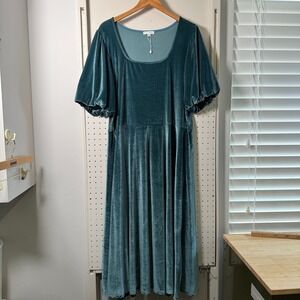 Baltic Born Fit & Flare Dress Women's Blue Green velvet Stretch Short Sleeve 2XL